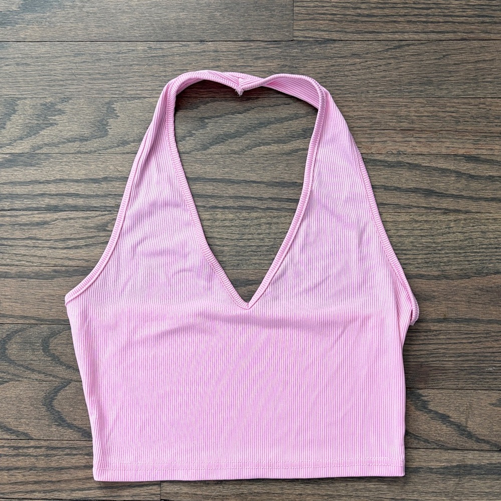 SHEIN Pink Ribbed Halter V-Neck Crop Tank Top